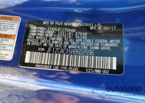 2017 Subaru Brz 2.0 Limited из США, поврежденный, VIN JF1ZCAC15H8602596